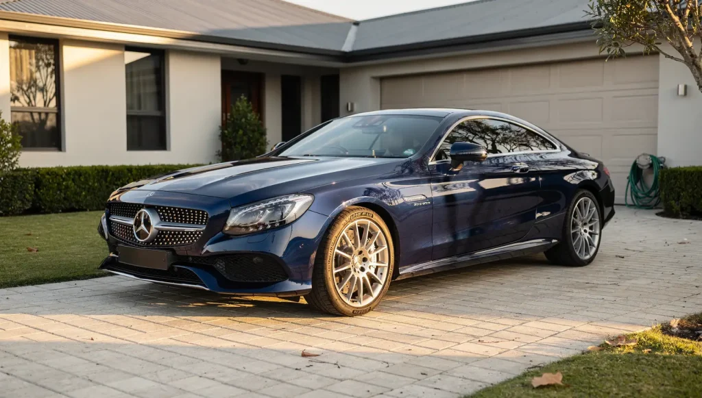 Freshly detailed deep-blue Mercedes-Benz coupe on a paver driveway in O'Connor.