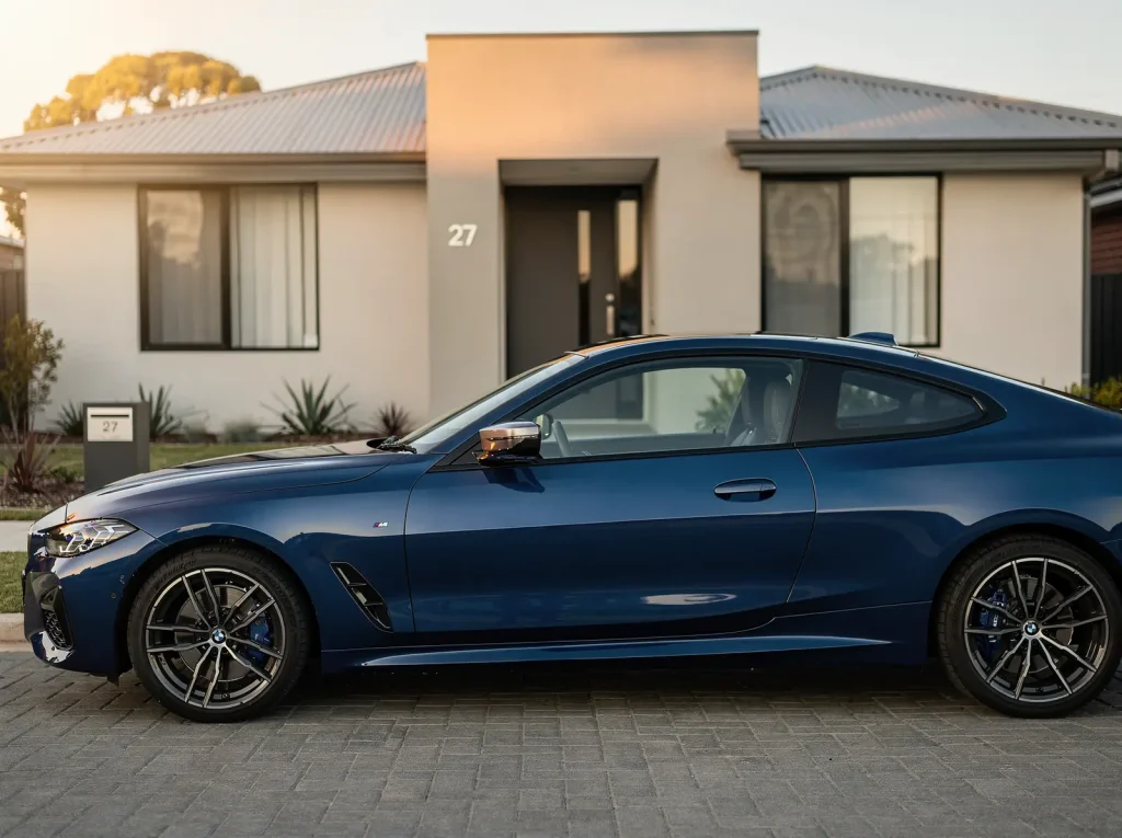 Freshly detailed deep-blue BMW M440i gleaming in golden light on an O'Connor driveway.