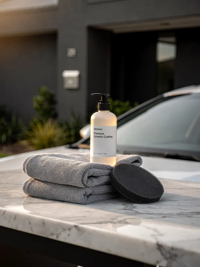 Ceramic-coating sealant, microfiber towel and foam applicator on marble bench at O'Connor detailer.