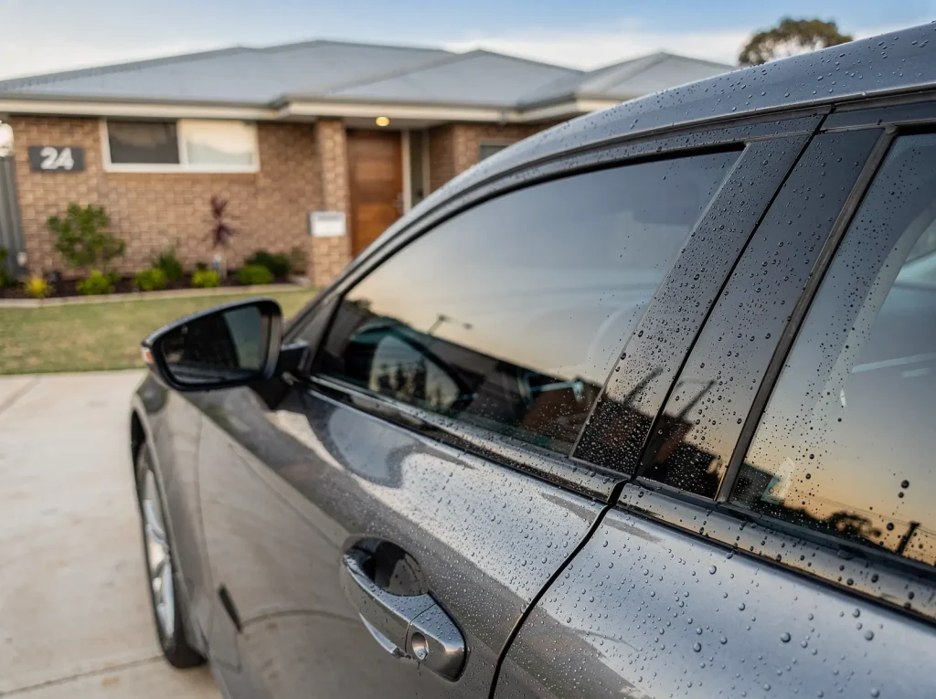 Water beads on glossy swirl-free clearcoat after car detailing in O'Connor.
