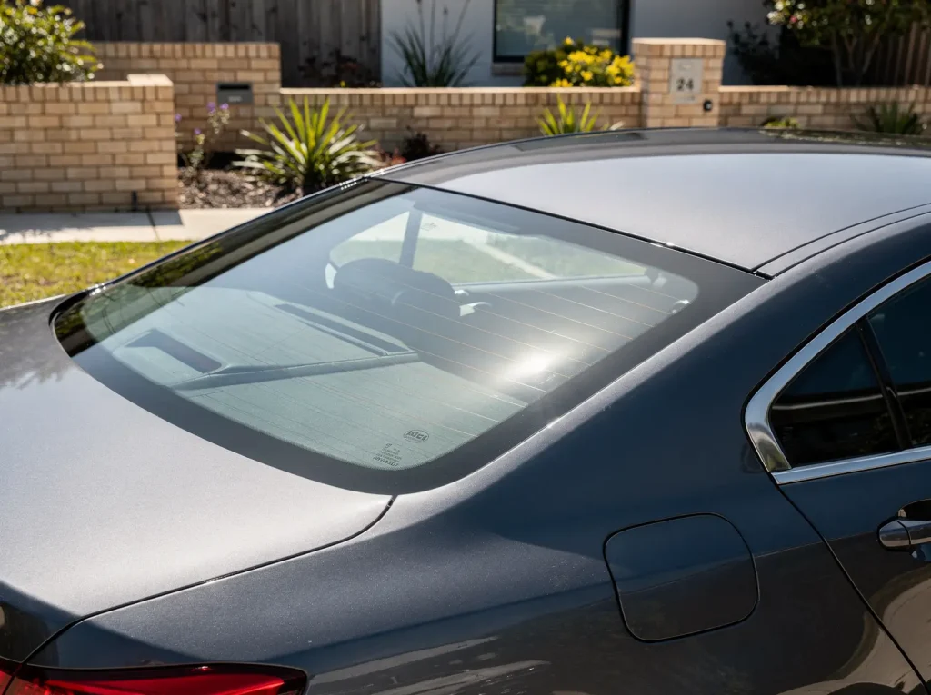 Swirl-free dark-metallic sedan panel with LED reflection after O'Connor detailing.