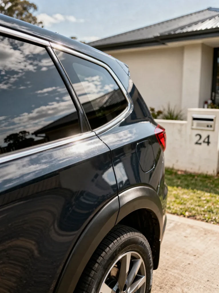 Freshly detailed car body panel and polished wheel arch with swirl-free gloss in O'Connor.
